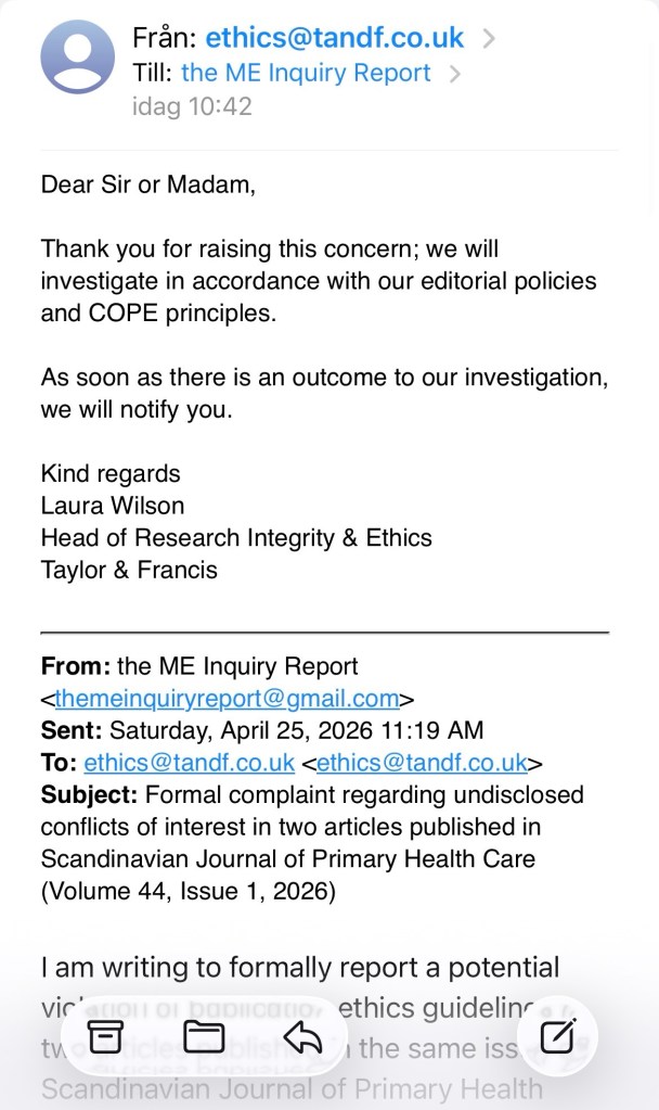 En skärmdump av mejlet med texten ”Dear Sir or Madam,

Thank you for raising this concern; we will investigate in accordance with our editorial policies and COPE principles.

As soon as there is an outcome to our investigation, we will notify you.

Kind regards
Laura Wilson
Head of Research Integrity & Ethics
Taylor & Francis”